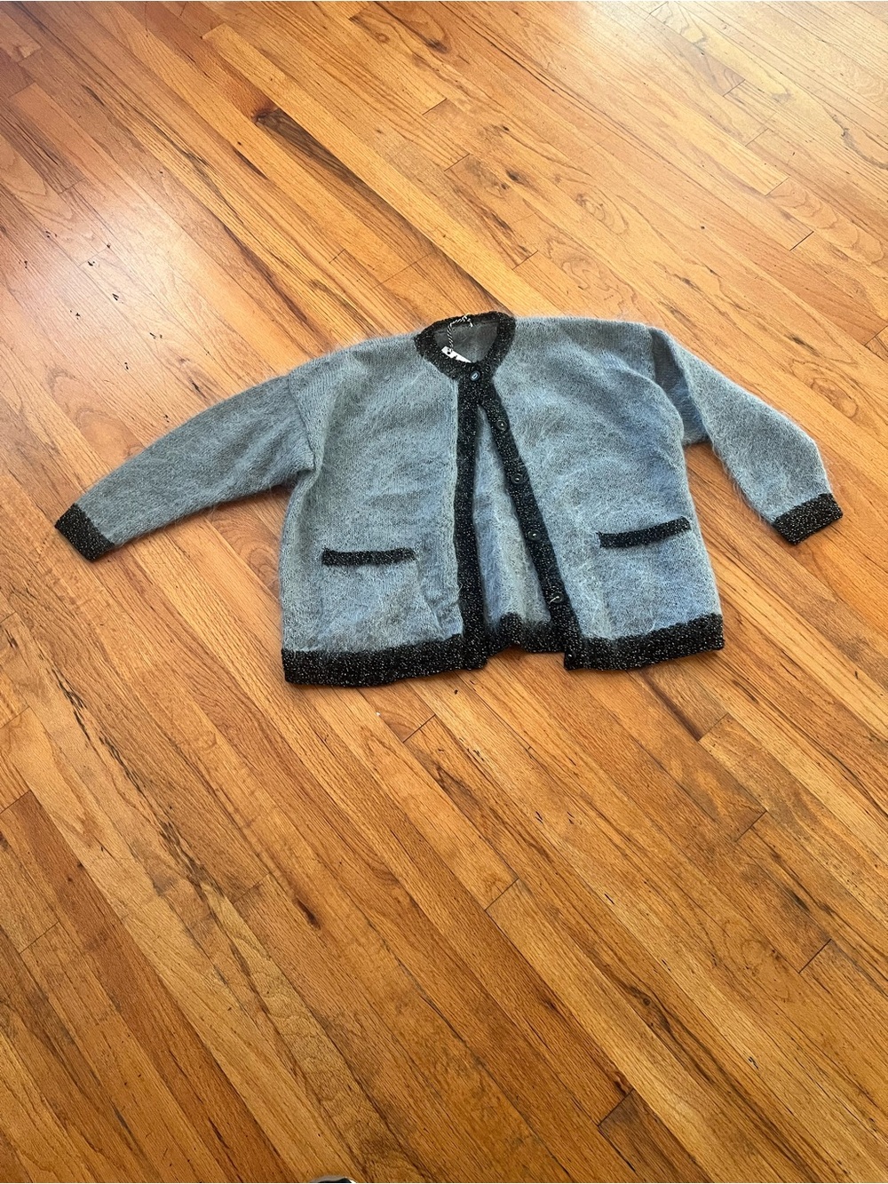 Vintage Gray Cardigan with Metallic Black Trim